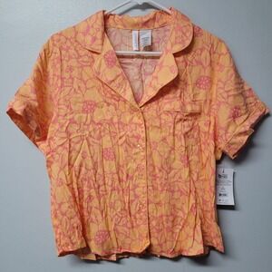 Joyspun Womens Orange Pink Floral Print Short Sleeve Button Up Pajama Top Size S